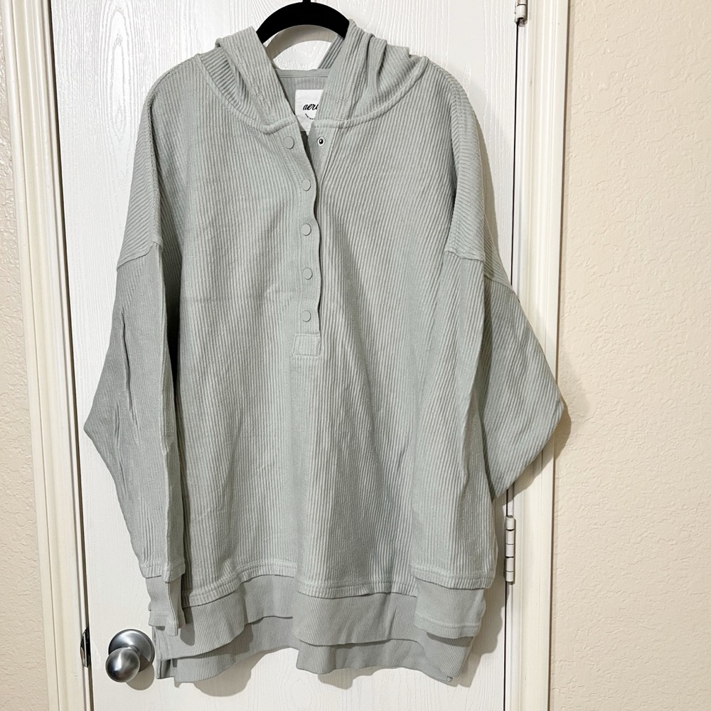 [Aerie] Light Green Waffle Thermal Hoodie Sweatshirt Kangaroo Pocket Slouchy XL